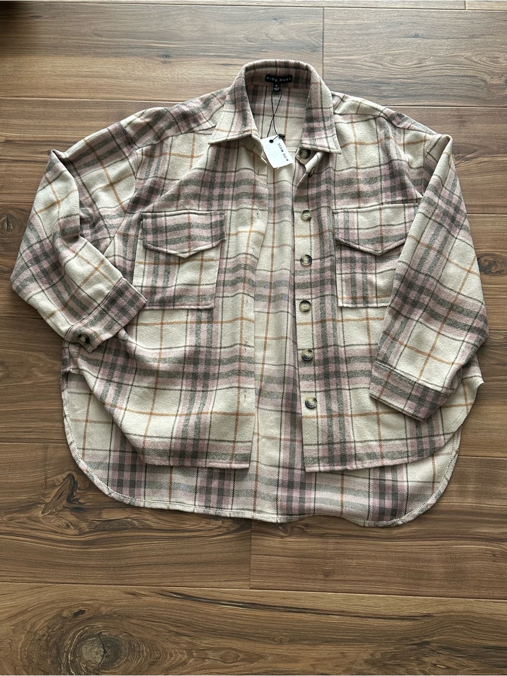 Vici Cream and Dusty Pink Plaid Button-Down Shacket